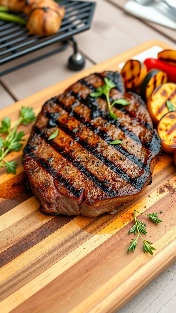 Juicy Grilled Steak Recipe Grilled ribeye steak on a cutting board with herbs and grilled vegetables, showcasing a juicy interior.
